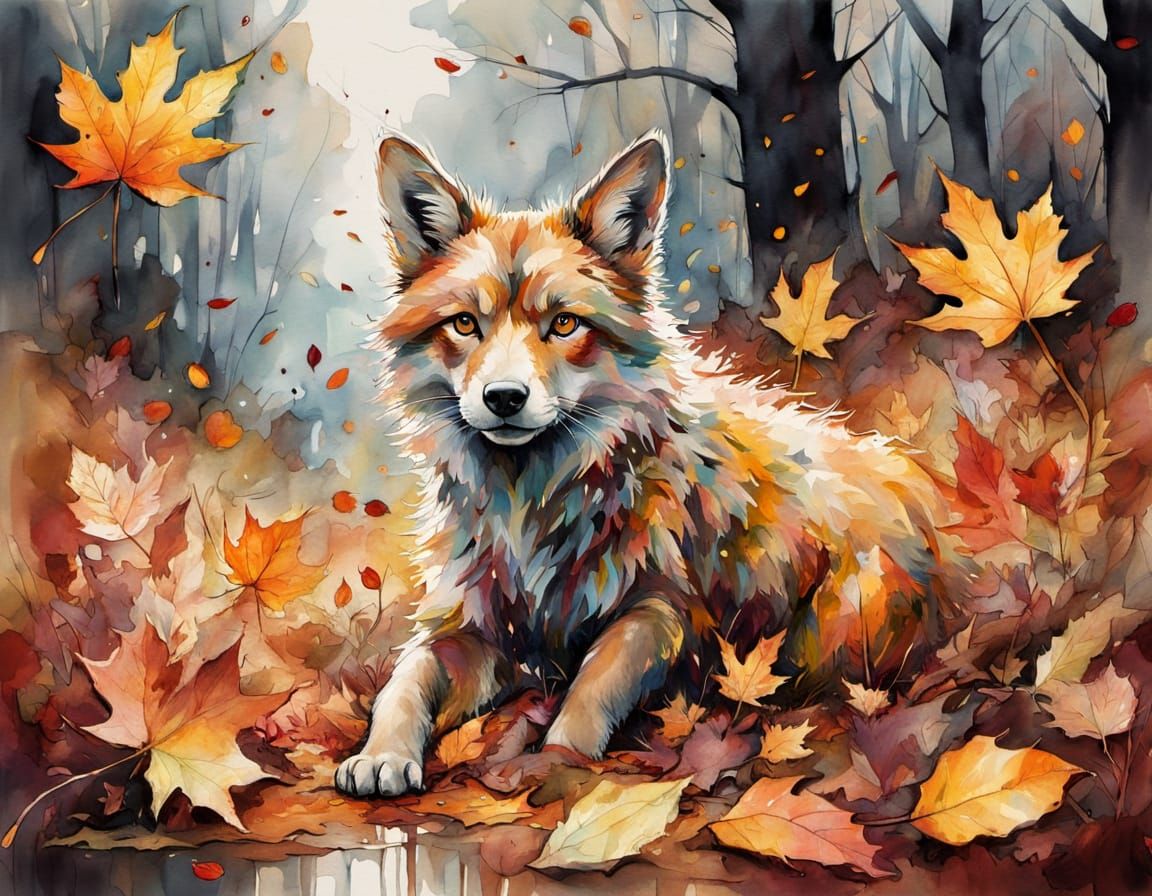 Whimsical Animals Frolic in Autumn Leaves Watercolour