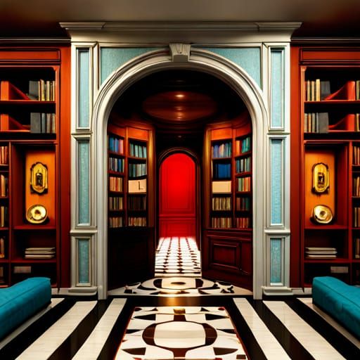 Secret Door in Extravagant Library: Surreal Digital Illustra...