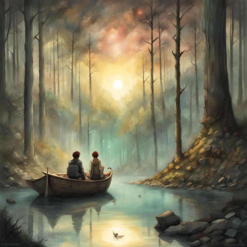 Cyberpunk Sun Illuminates Fantasy Forest Charcoal Art