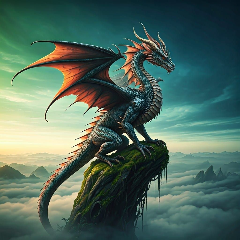 Winged Dragon in Emerald and Sapphire Landscape