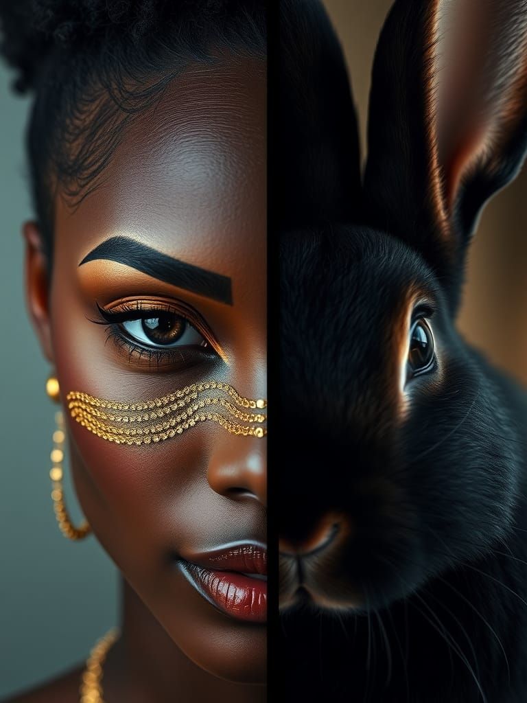 Striking Split Portrait: Woman and Rabbit with Gold