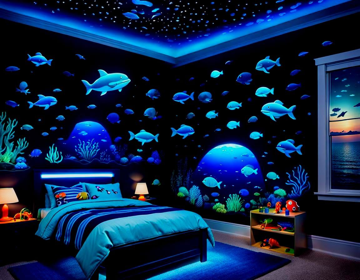 Neon Ocean Life Projected in Child's Bedroom