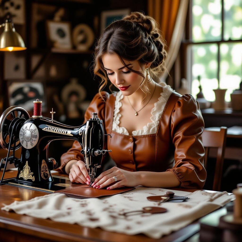 Victorian Seamstress Crafts Leather Patch at Machine