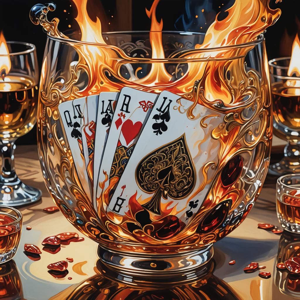 Burning Royal Flush in Ornate Glass, Gouache Painting