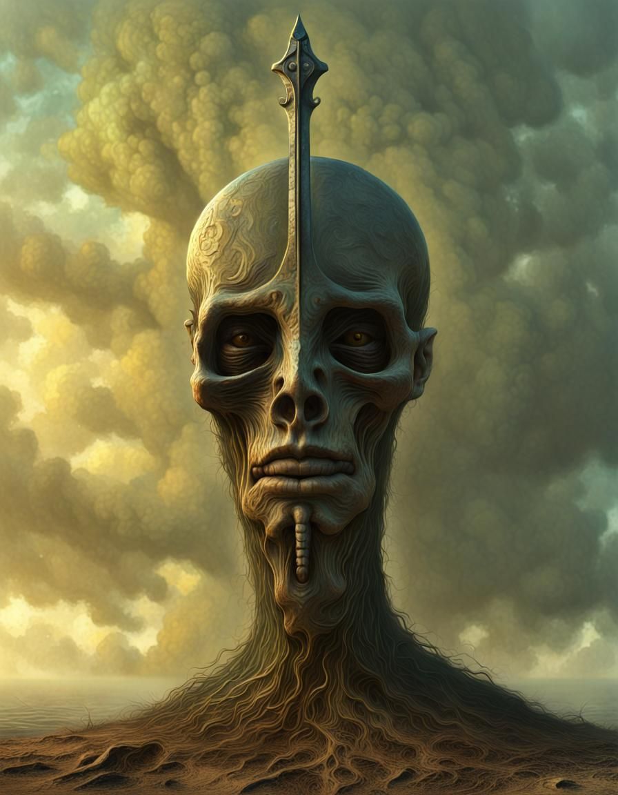 Dagger of the Mind. Photorealistic hyperdetailed Zdzisław Beksiński CryEngine