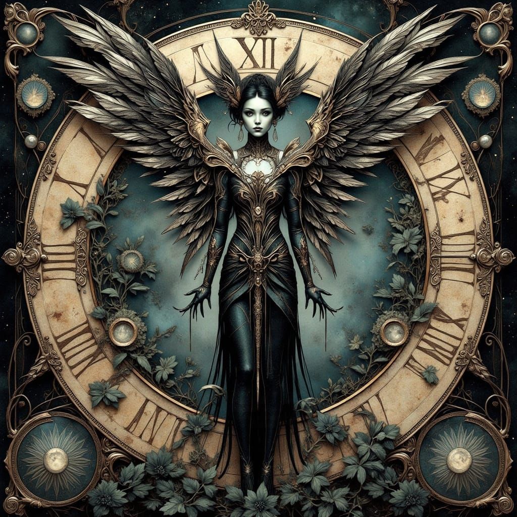 Neo-Baroque Cyborg with Clockwork Wings in Moonlit Garden