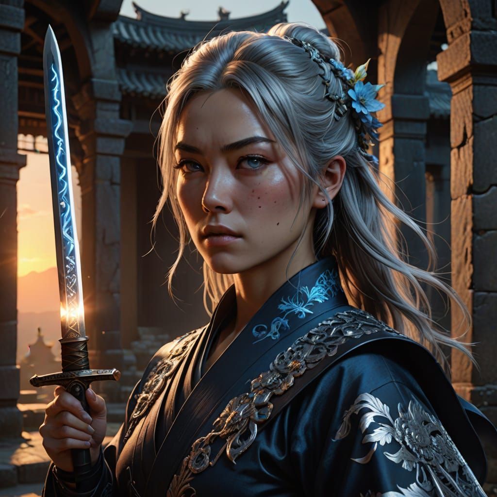 European Samurai in Ancient Castle Ruins