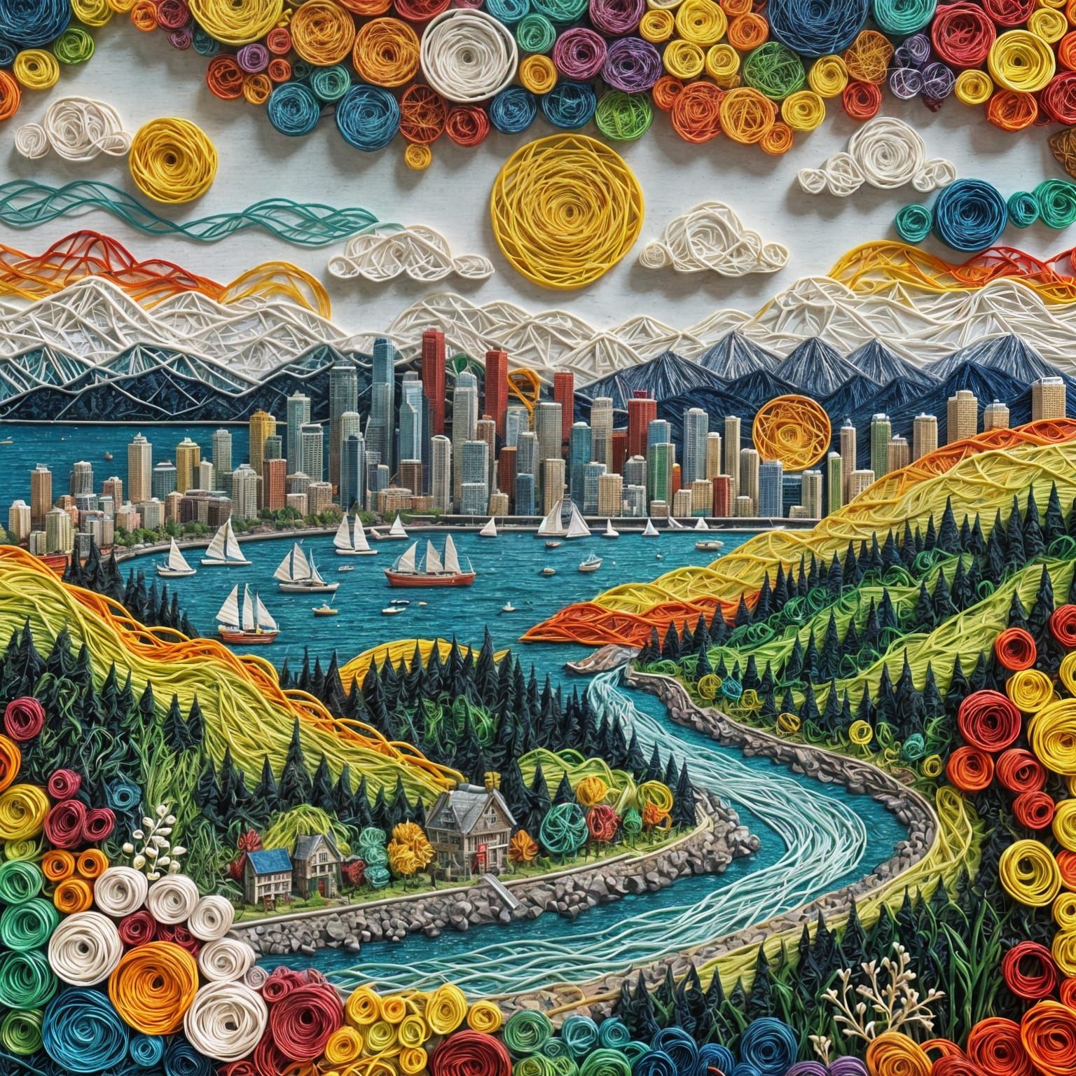 Vancouver Canada String Art Landscape in HDR Style