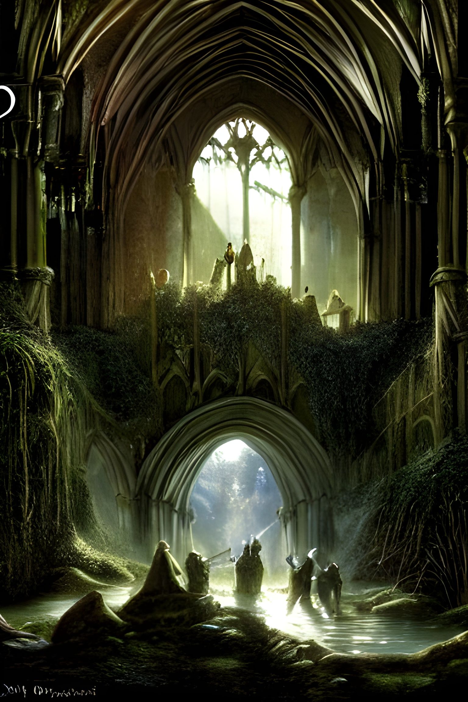 Medieval Adventurers in Overgrown Cathedral Landscape
