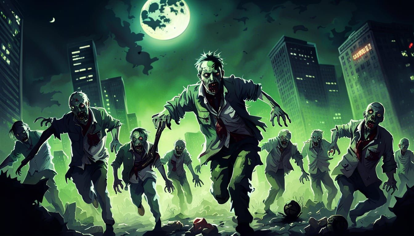 Zombies Rampaging Through Moonlit City