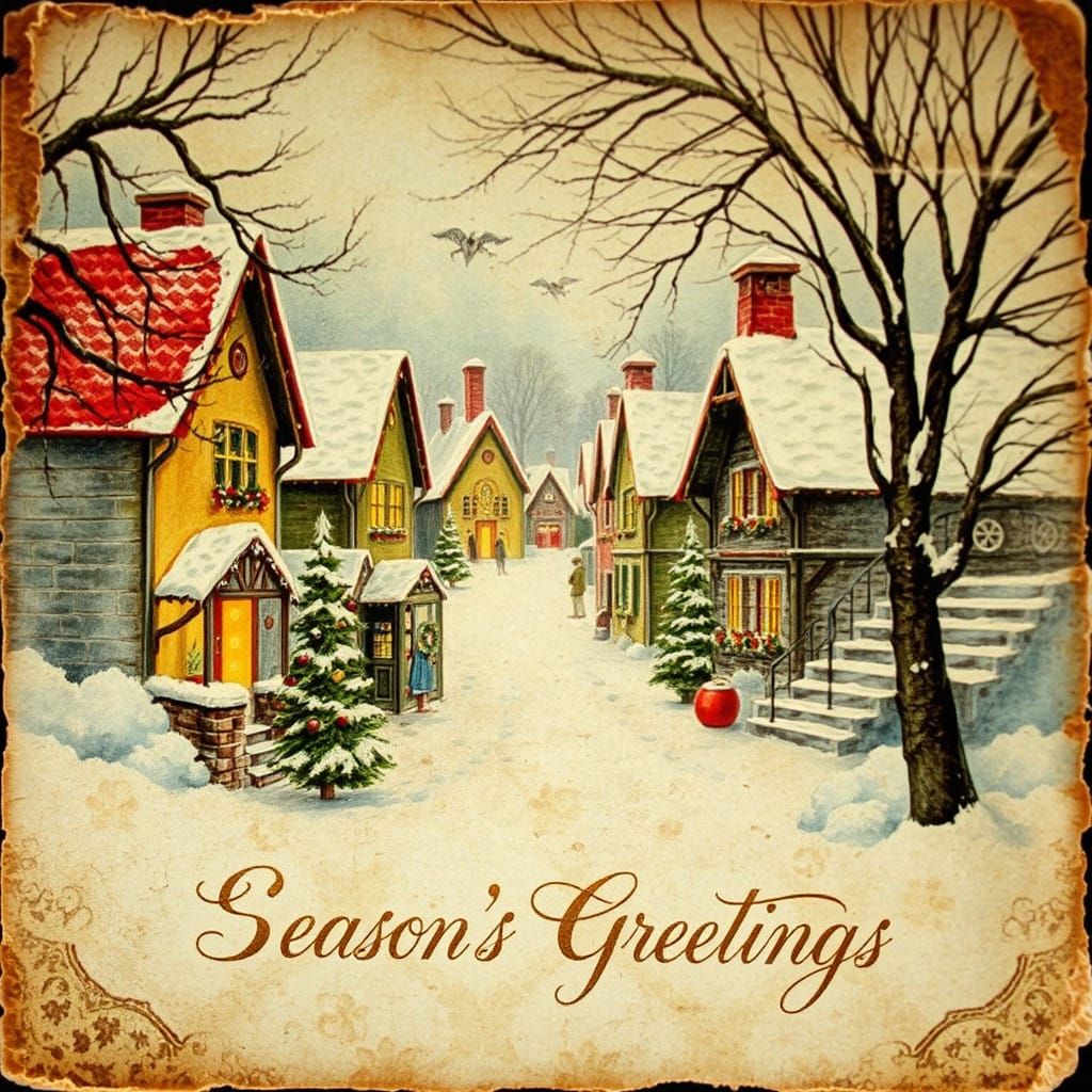 Antique Victorian Christmas Postcard with Watercolor Illustr...