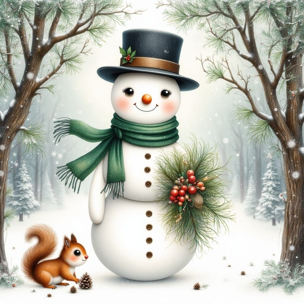<lora:Whimsical Cuties:1.0>
A watercolor painting of a cheerful snowman adorned with a black top hat and a green scarf, ...