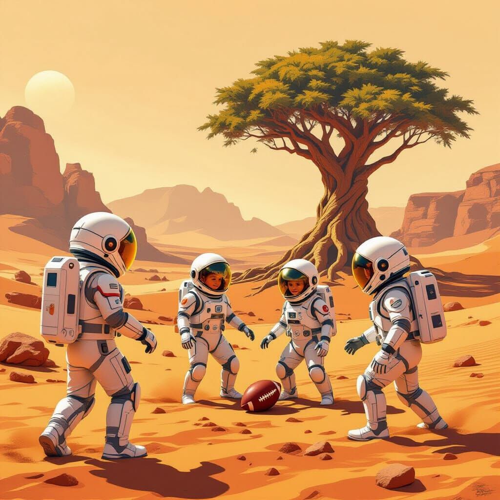 Children Play Football on Mars in Futuristic Space Suits