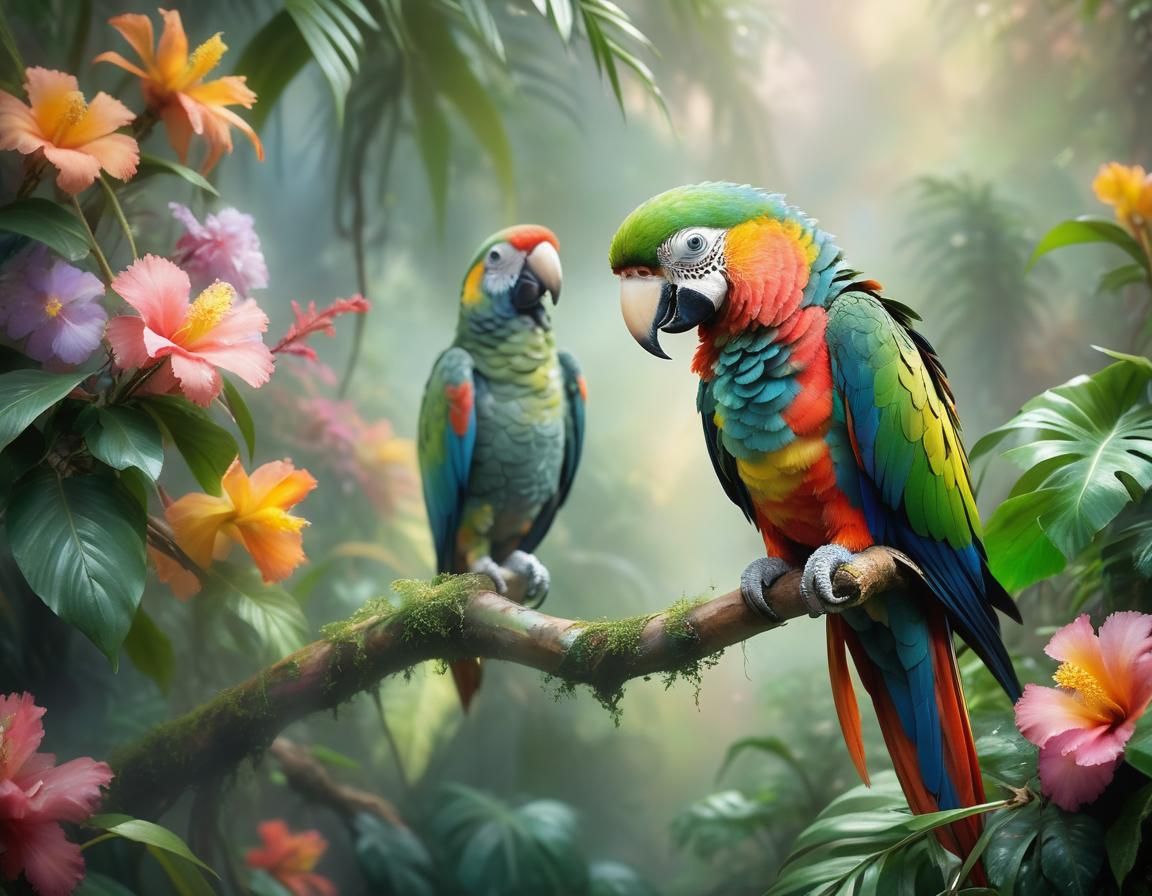 Colorful Parrot in Ethereal Jungle Paradise