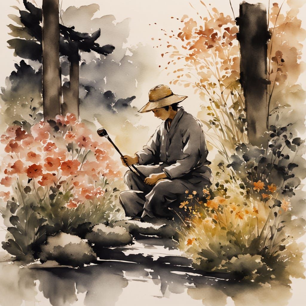 Serenity in Nature: A Sumi-e Masterpiece of a Gardener in Ha...