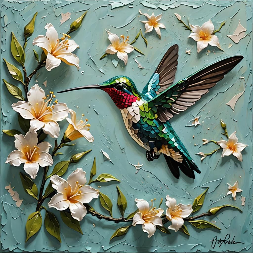 Impasto hummingbird in flight on jasmine flowers