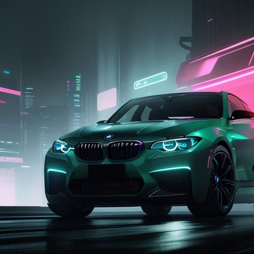 Futuristic BMW Concept Art in Cyberpunk Cityscape