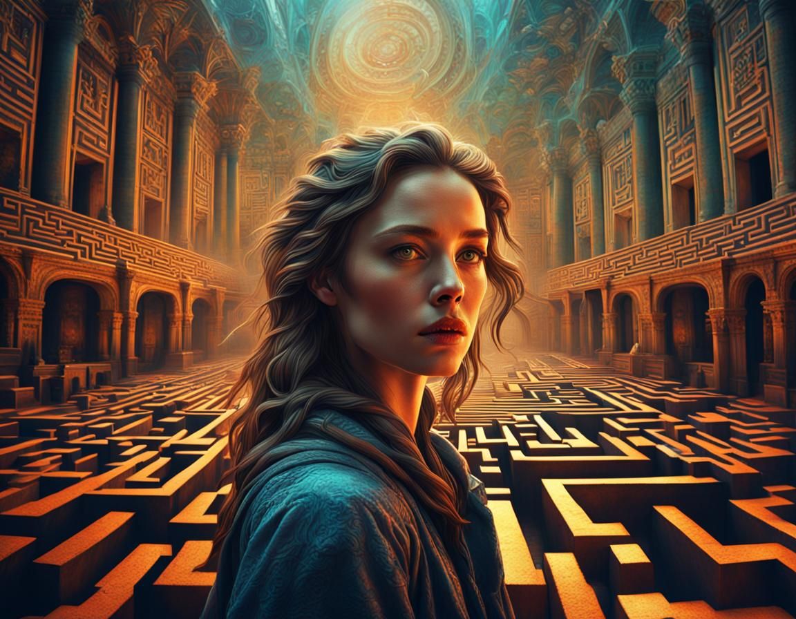 Beautiful Woman Lost in a Detailed Labyrinth
