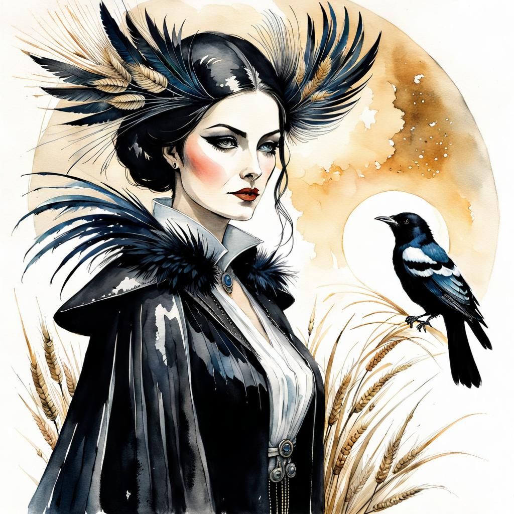 Magpie Delivering Tidings: Ink and Watercolor Drawing