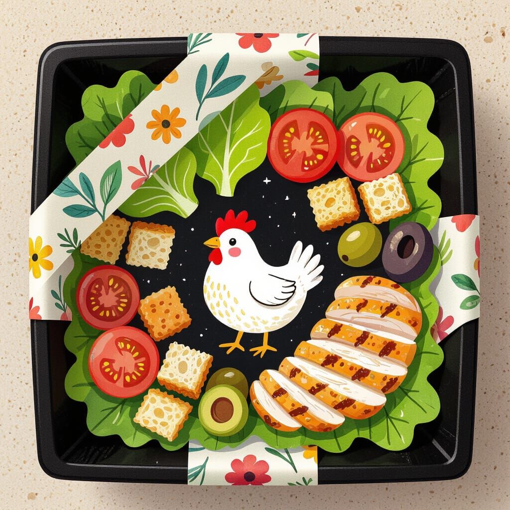 Salad Bowl with Cartoon Chicken in Watercolor Style