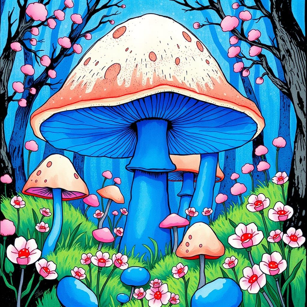 Blue Mushroom Forest with Pink Accents in Art Nouveau Style