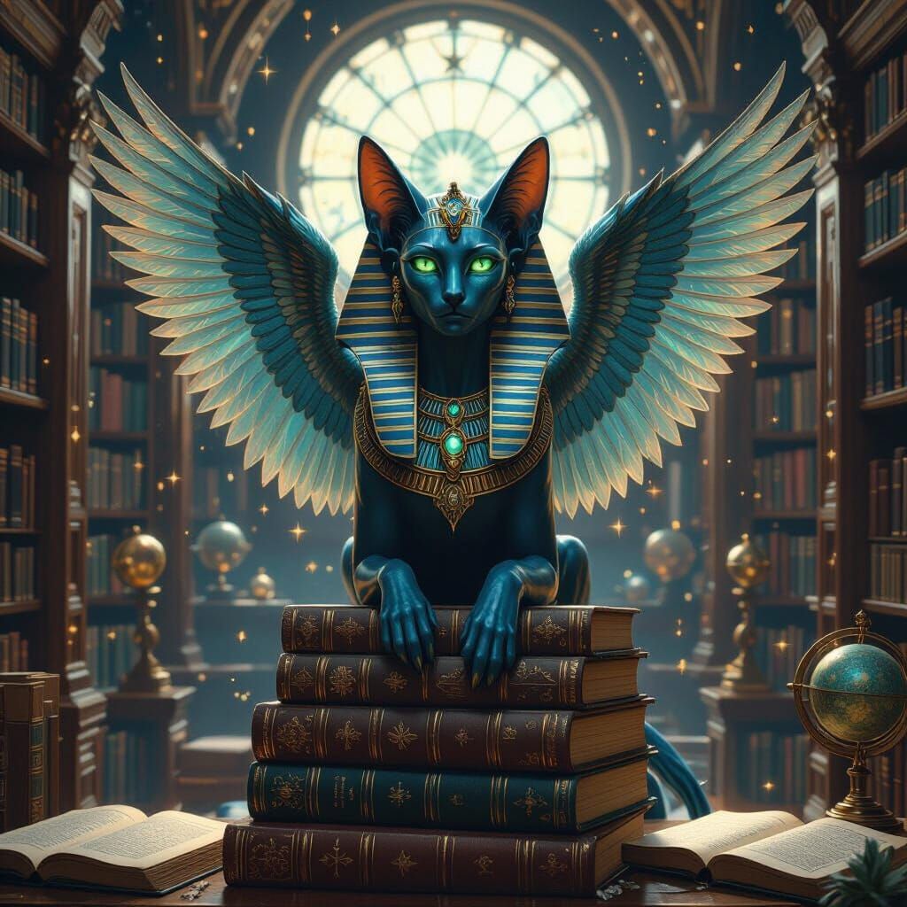 Celestial Library: Iridescent Sphinx in Art Nouveau Style