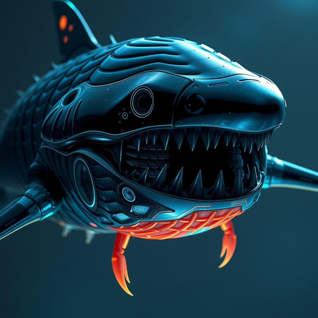 Mystical Shark Creature, Bioluminescent Armor, Dark Futurist...