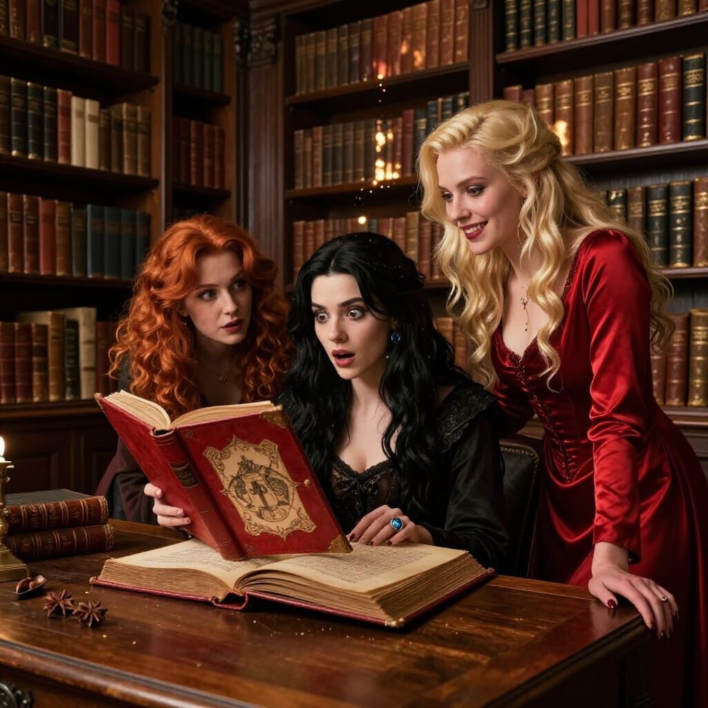 Grimdark Fantasy Library Scene with Shocked Fascination