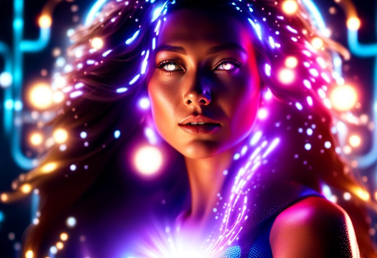 Energetic Woman Composed of Light and Waves