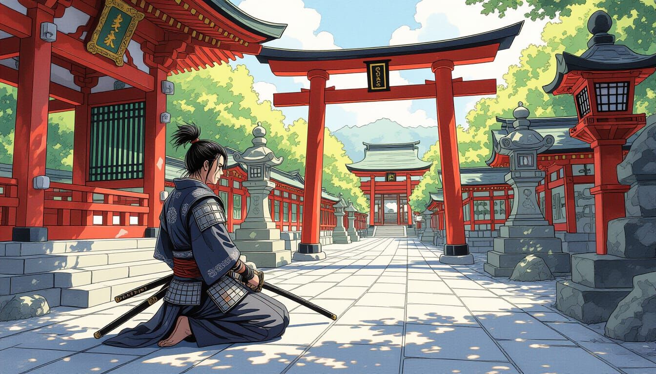 Samurai at Shinto Temple in Manga Style
