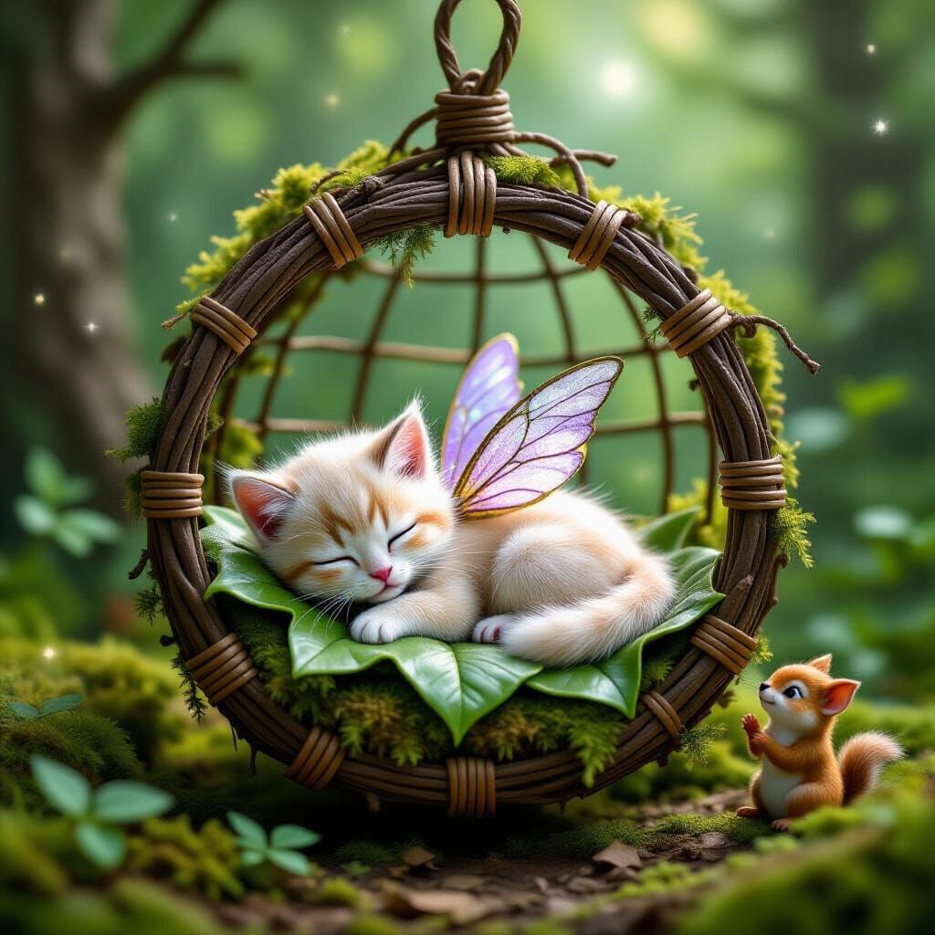 Tiny Cat Fairy Asleep in Nature Birdcage