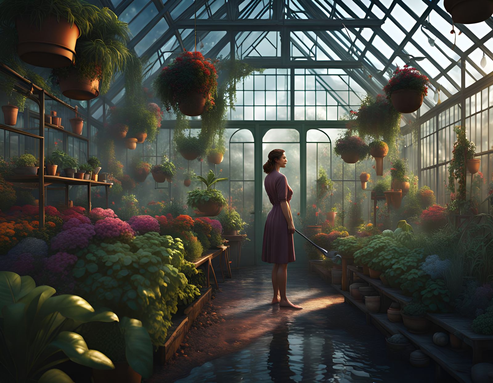 Greenhouse Garden: Woman Watering Plants in Morning Light