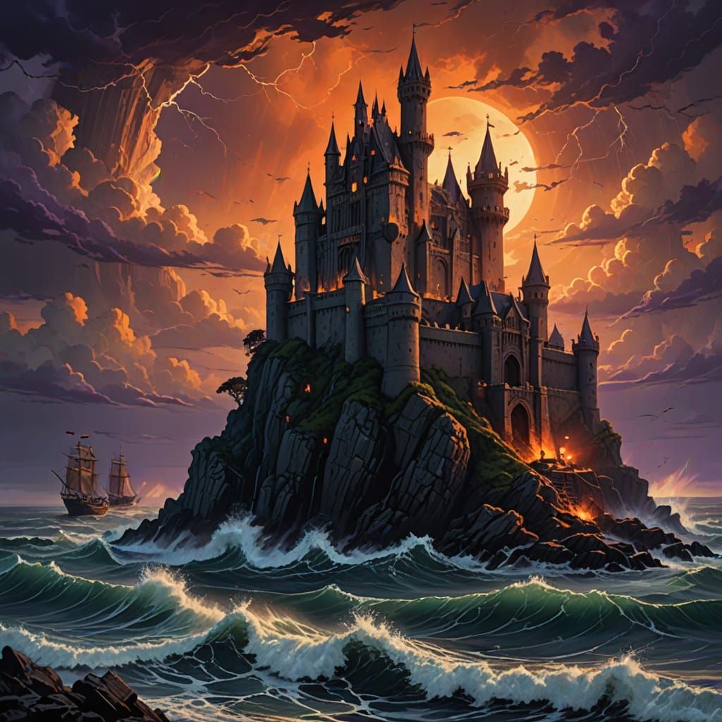 Gothic Fortress on Island Amidst Stormy Sunset