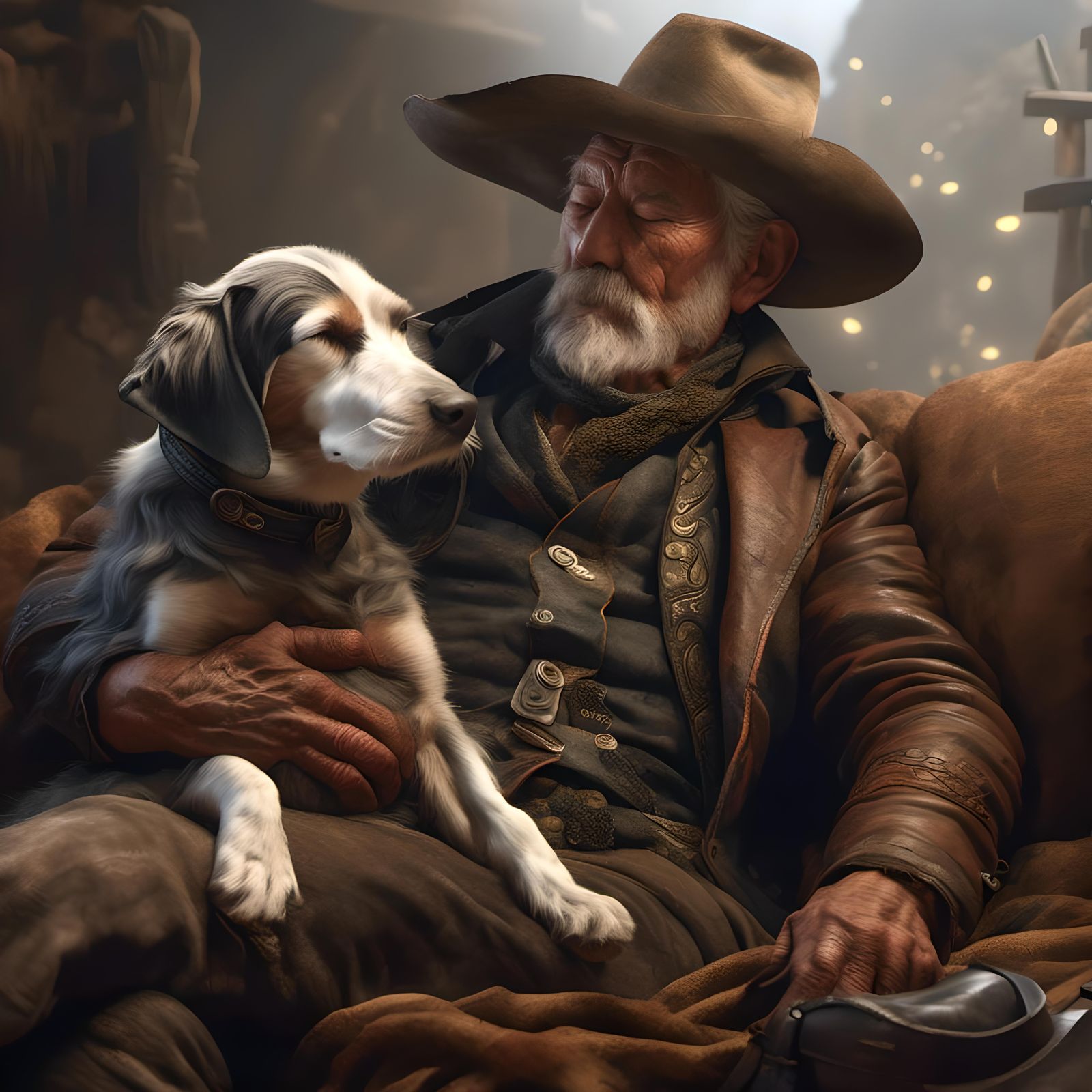 Old Cowboy and Dog in Hyperrealistic 8k