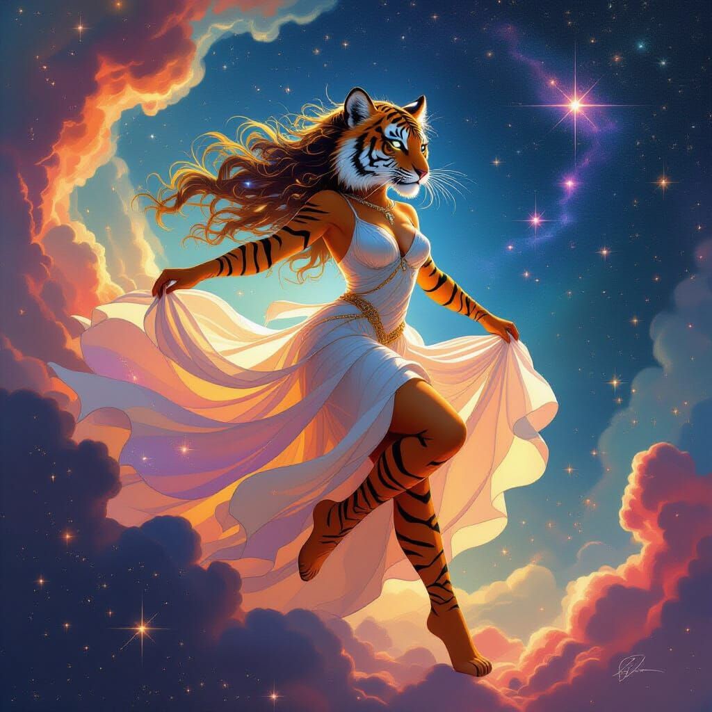 Celestial Tigress Leaping Through Nebula, Digital Art