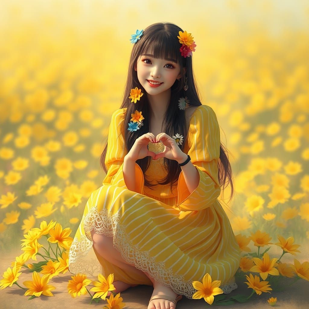 Woman with Flowers Doing Mini Heart Gesture