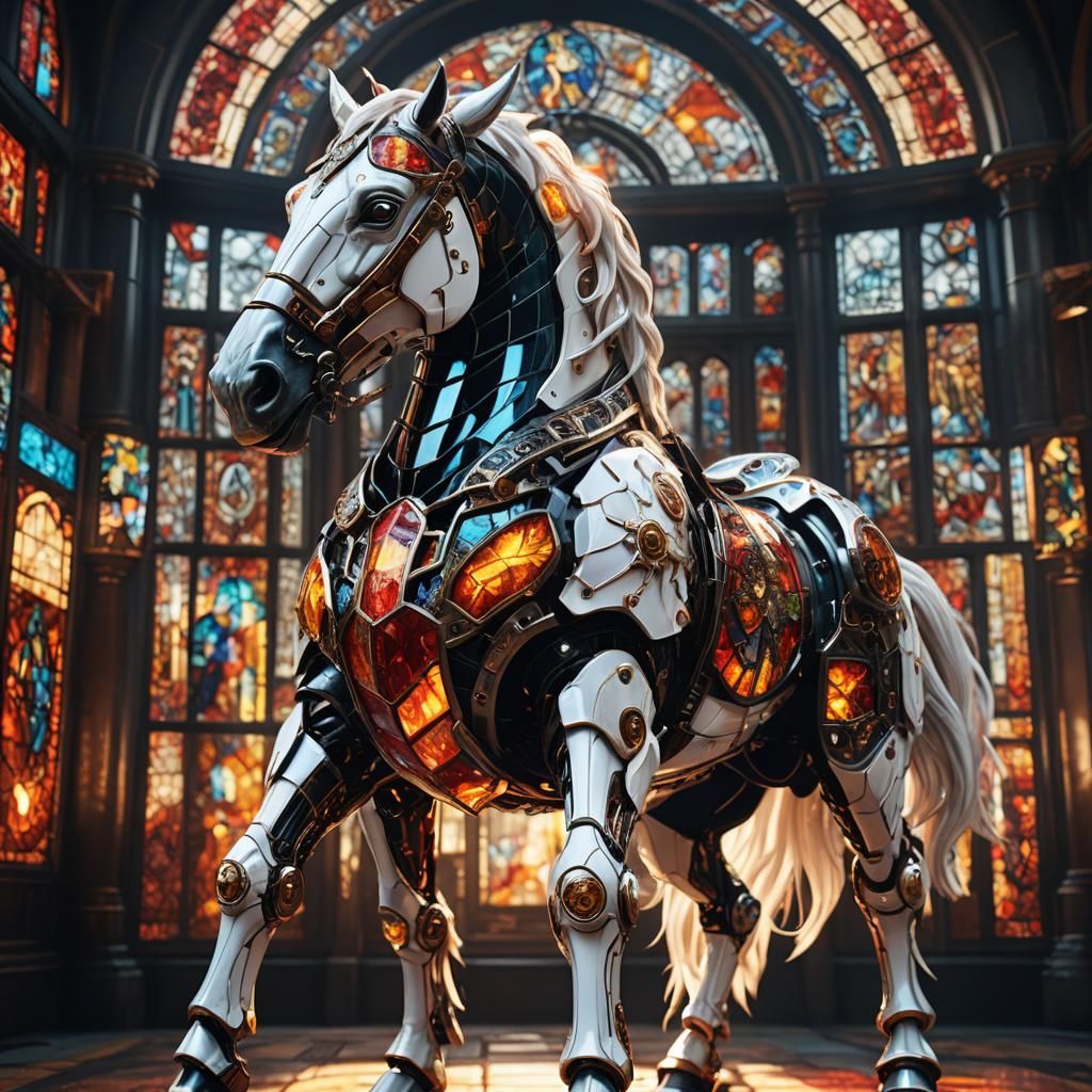 Biomechanical Horse in Fiery Stained Glass Armor
