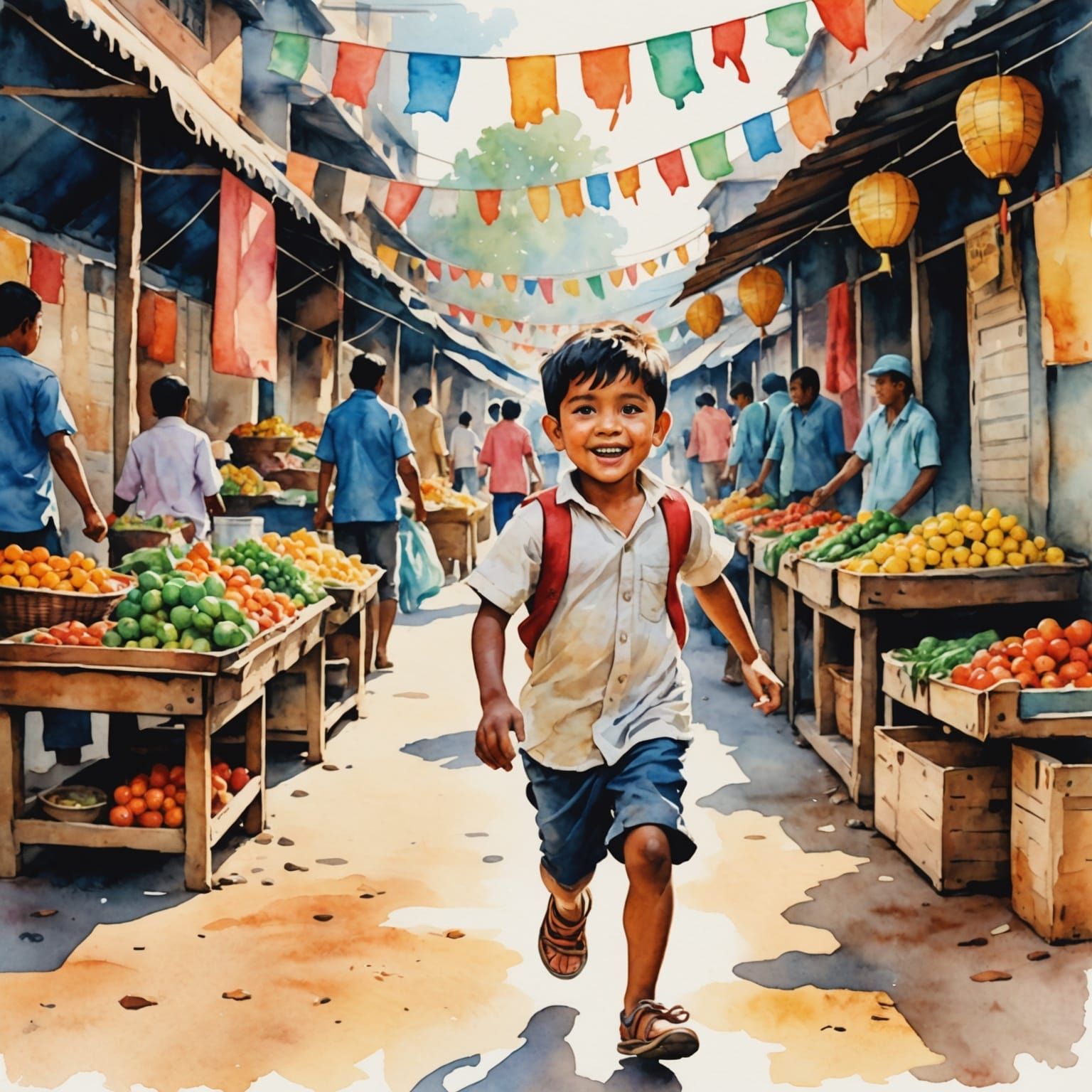 Child Runs Through Festive Market in Watercolor Style