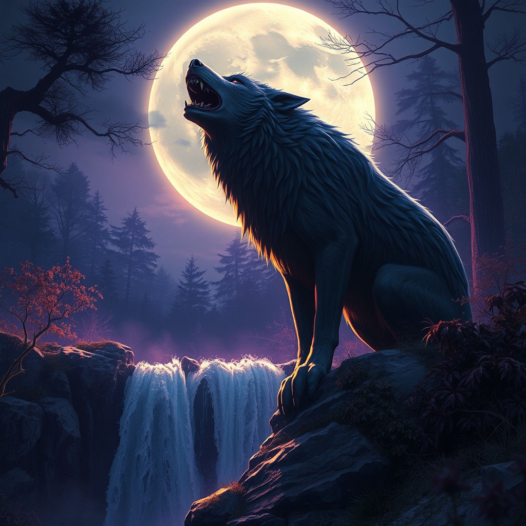 Werewolf Howling at Moonlit Waterfall: Dark Fantasy Art