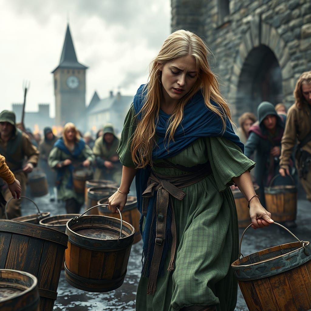 Exhausted Medieval Maiden Fights Fire in Dark Fantasy Scene