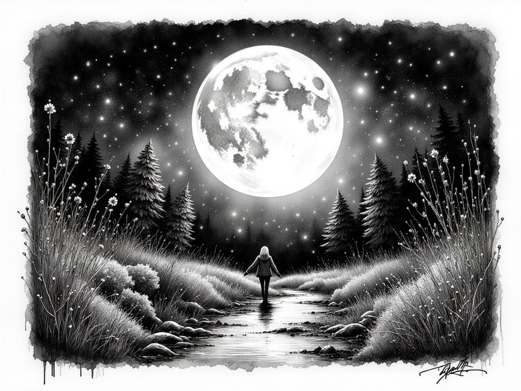 Moonlit Mystery: Detailed Ink Drawing in Berlin