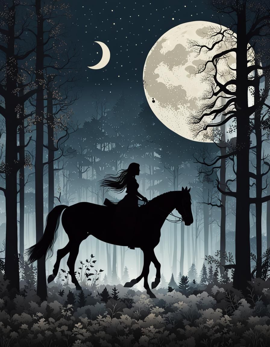 Woman and Horse in Forest Moonlight