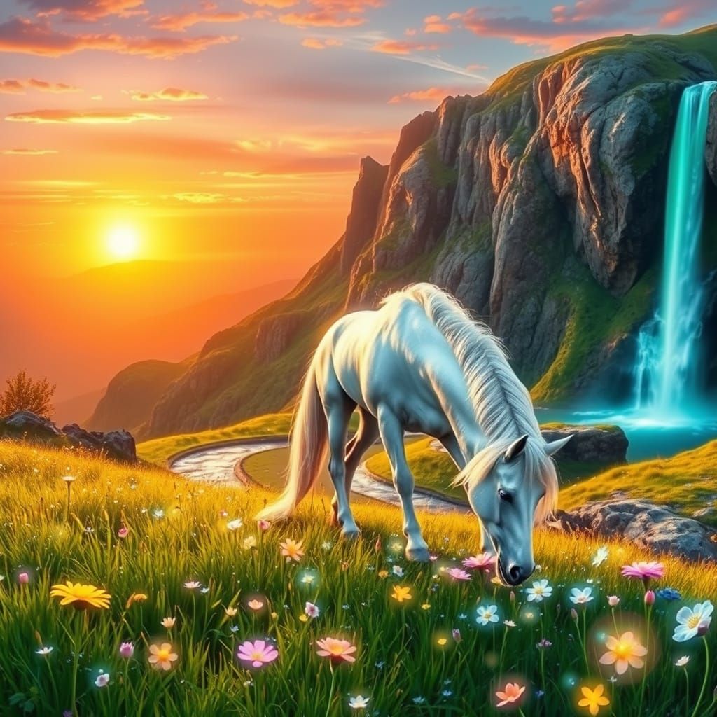 Majestic Unicorn Pastures Magical Flowers in Warm, Golden Va...