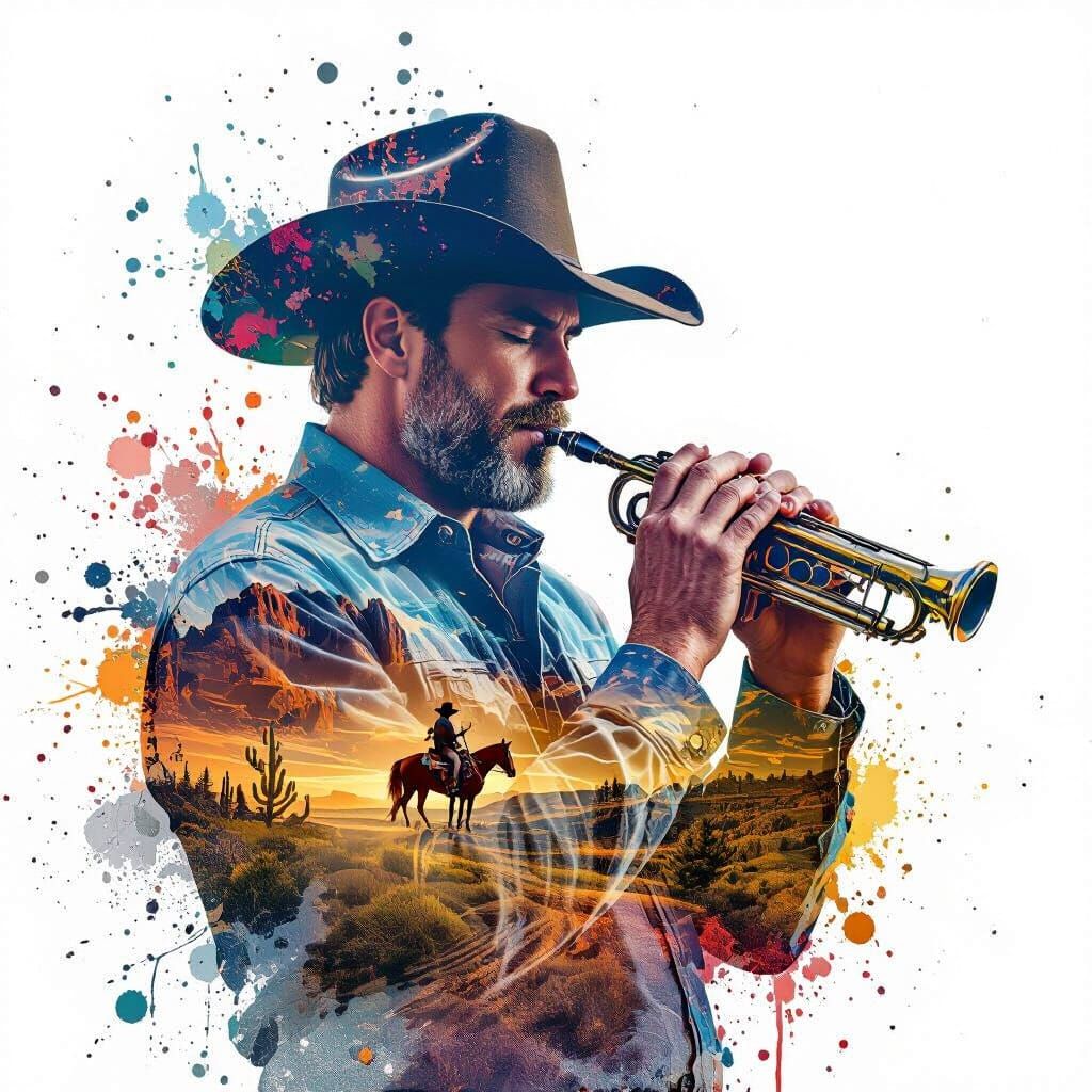 Harmonica Man Double Exposure with Cowboy Landscape