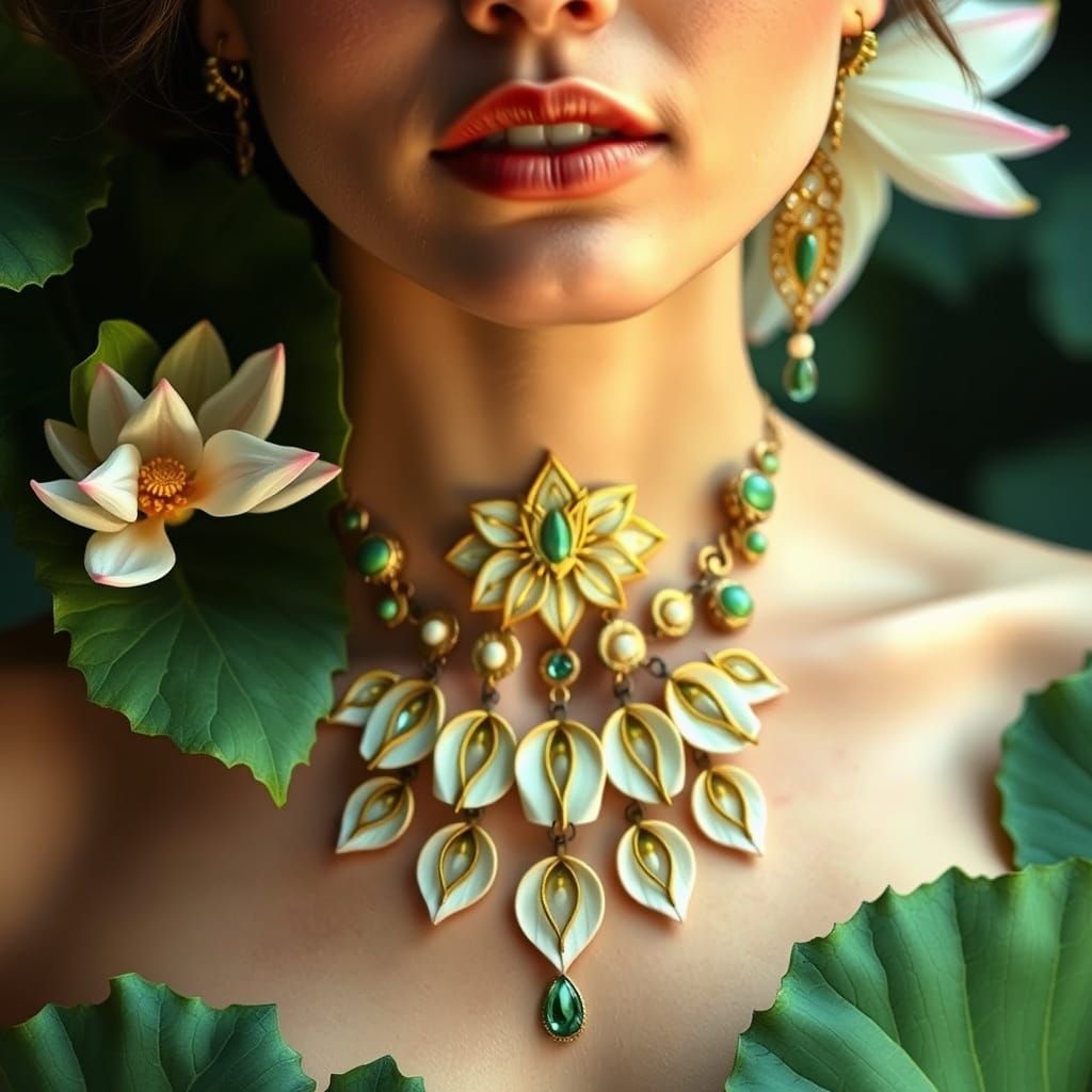Elegant Woman in Lotus Jewelry, Art Nouveau Style