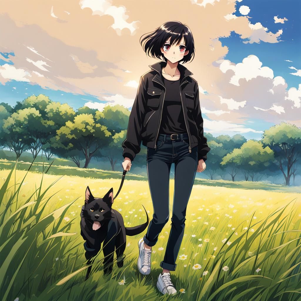 Woman and Dog Walking in Anime Style