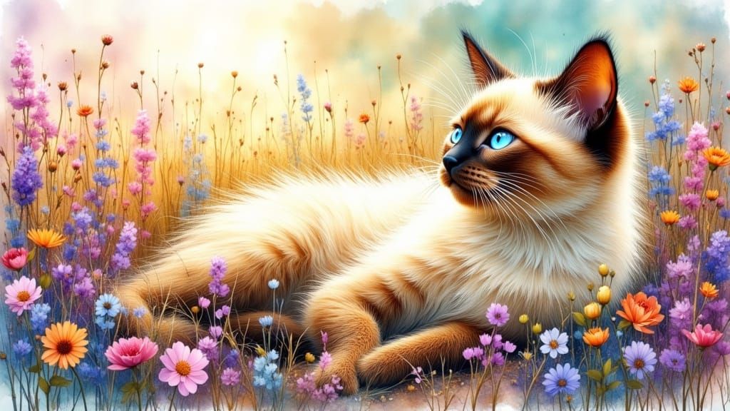 Cute Fluffy Siamese Kitten in Flower Field