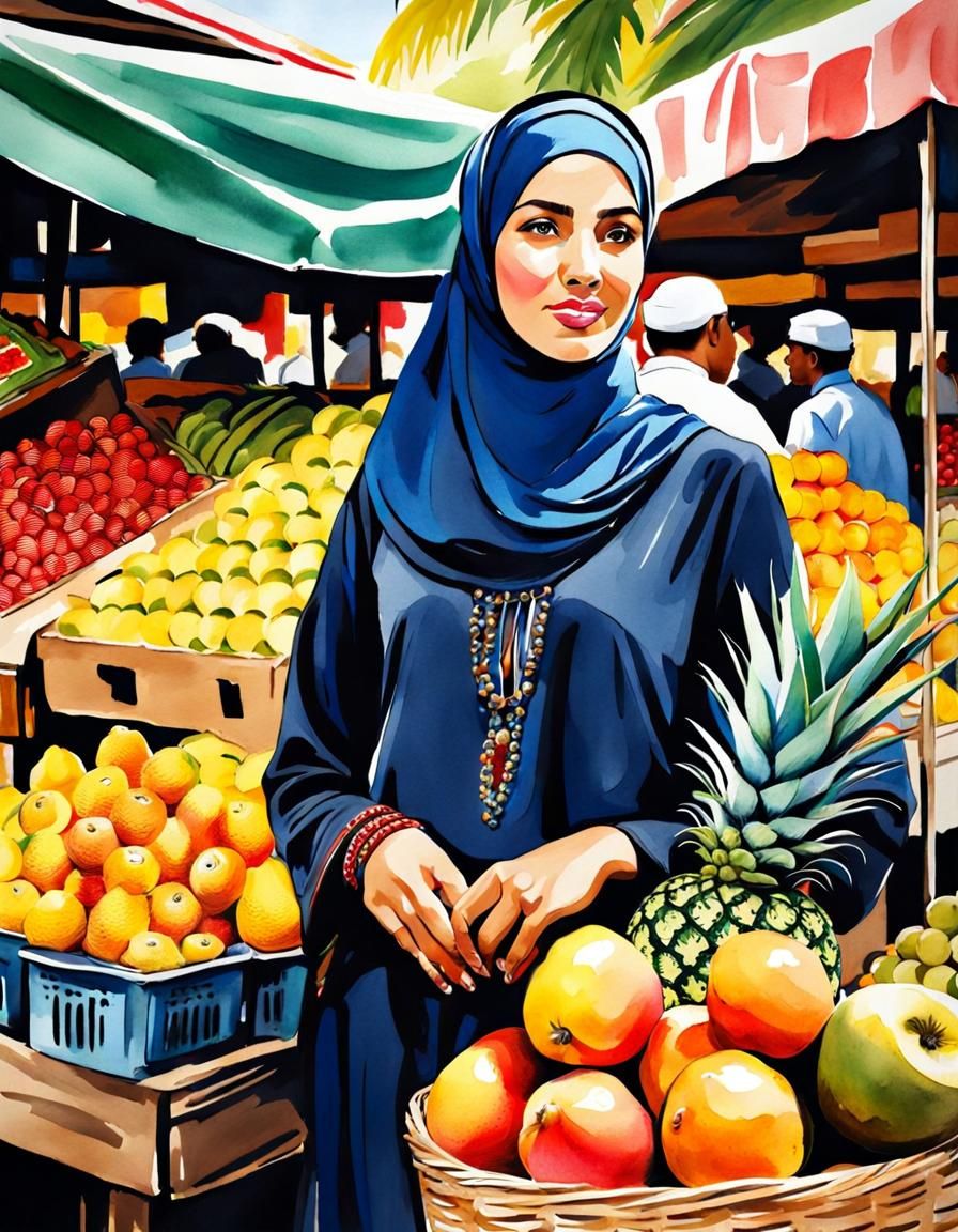 European Hijabi Market Woman Portrait in Watercolor