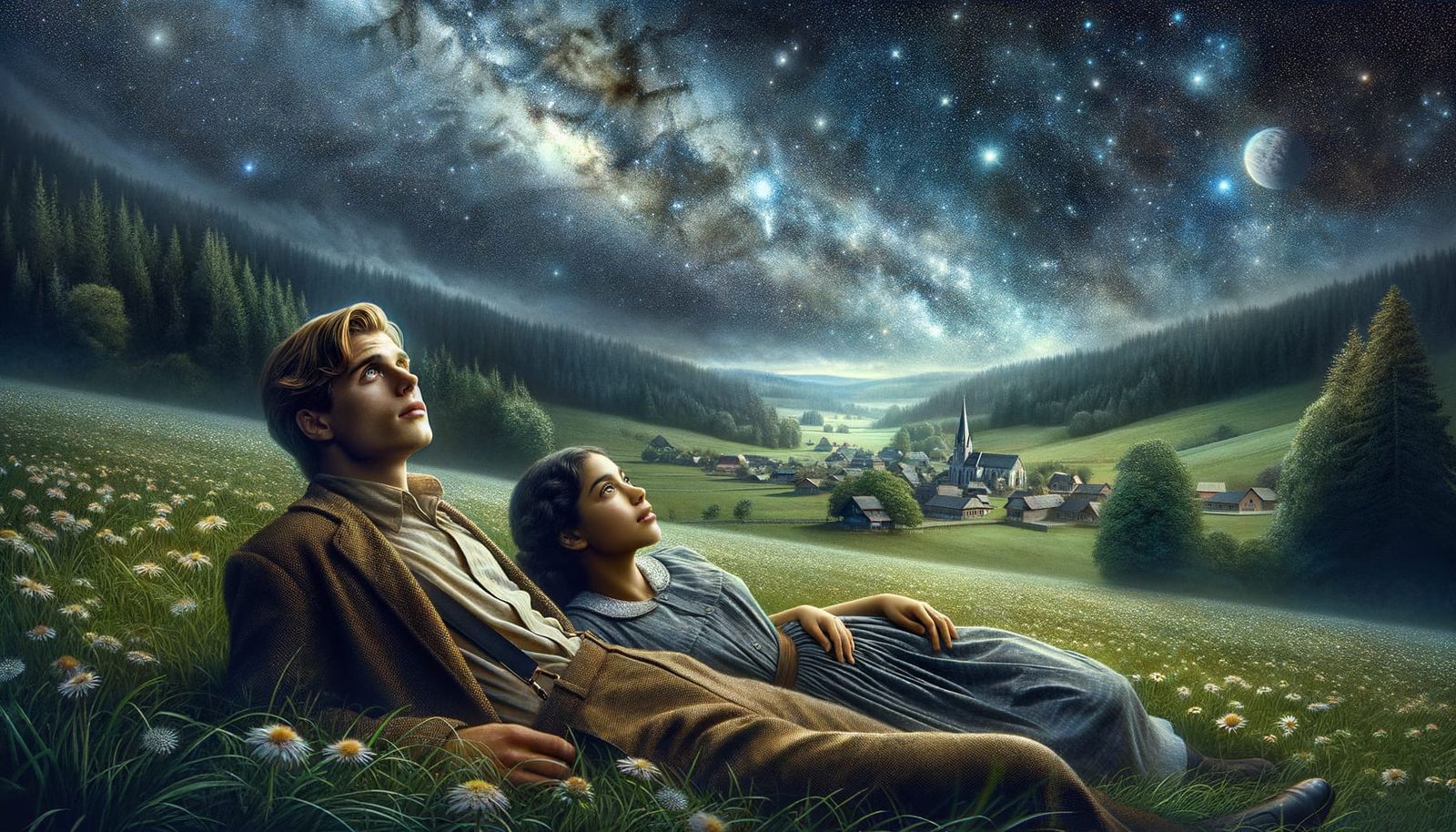 Couple Stargazing at Aurora in Space Dust