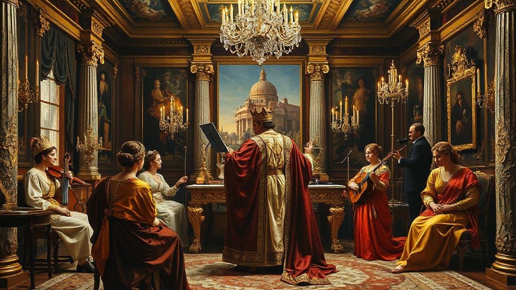 Classic Oil Painting of King Midas in Baroque Hall